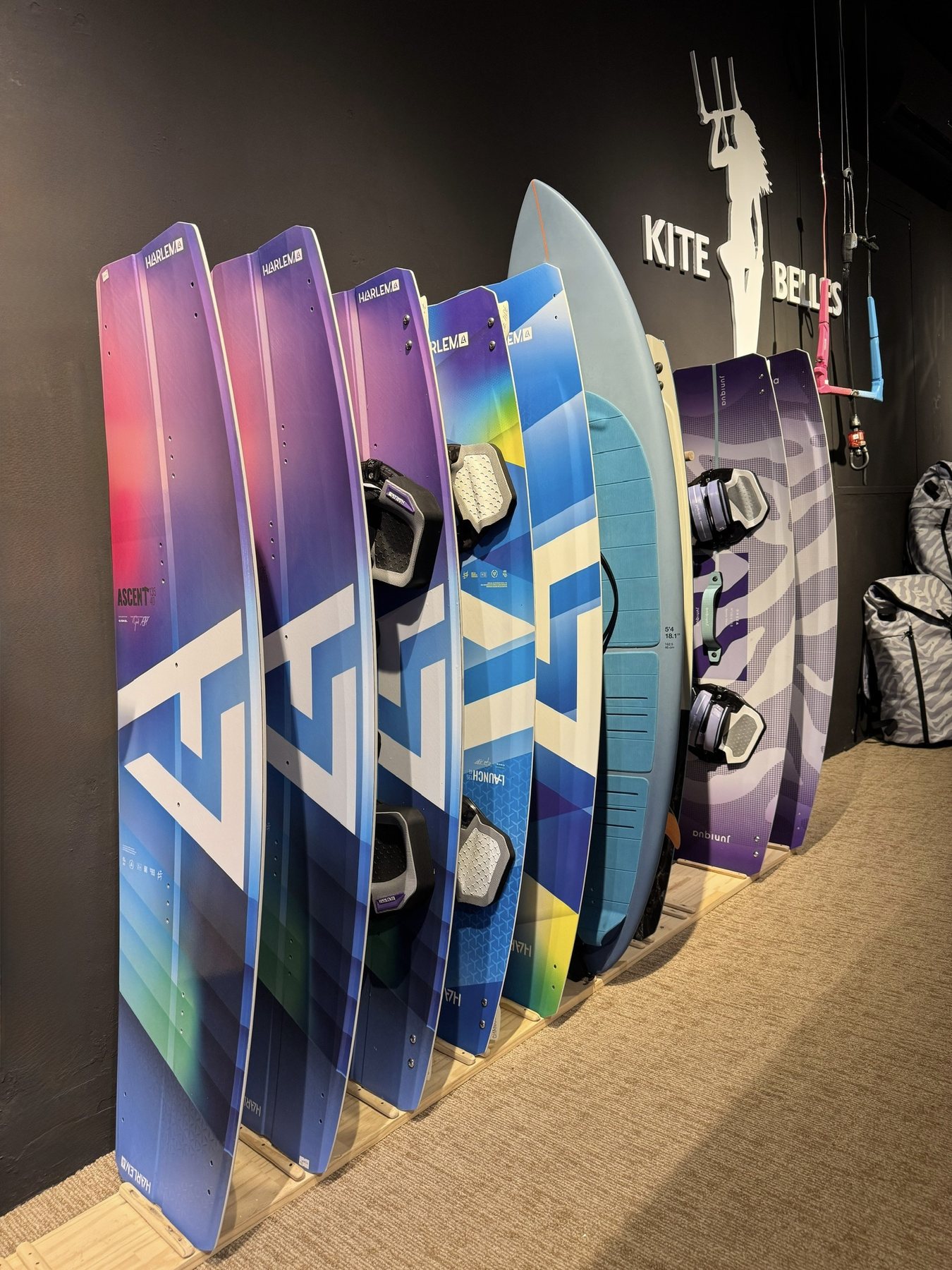 Kites and boards rack at the Harlem and Juniqua shop, Le Morne