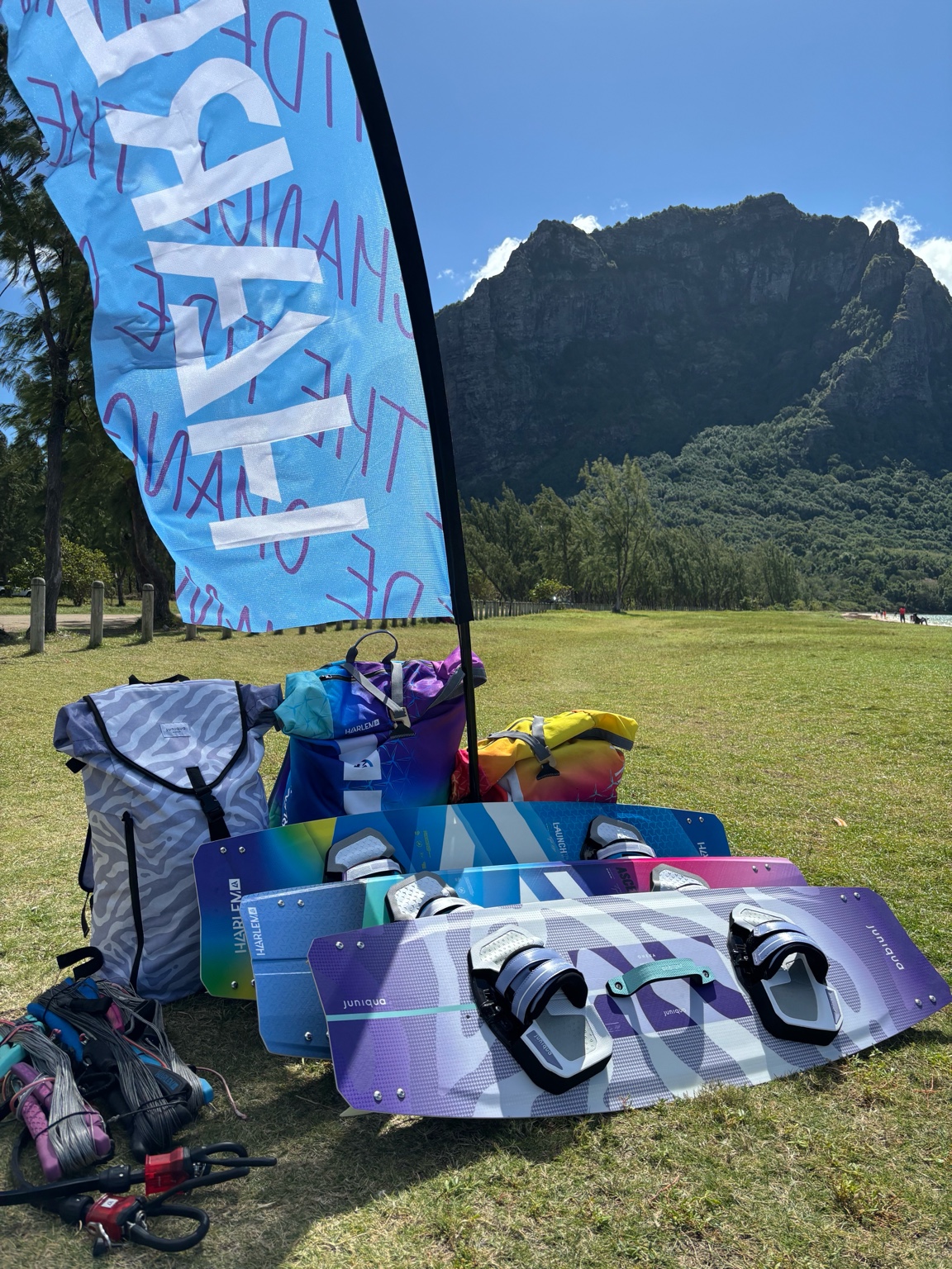 Group of kitesurfers riding at Le Morne, Mauritius